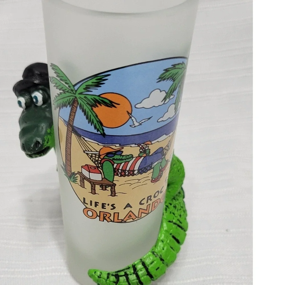 Vintage 1993 Lifes a Croc Orlando Frosted Shot Glass Alligator 3D Resin Holder